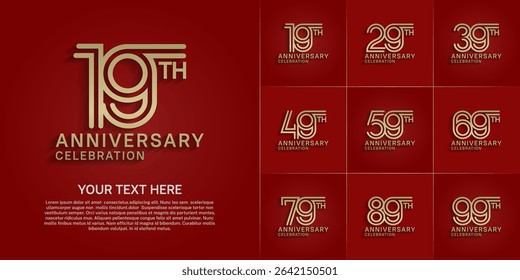 Anniversary logo style double line number set. gold color on red background for celebration event