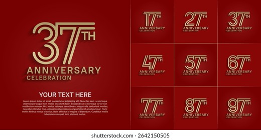Anniversary logo style double line number set. gold color on red background for celebration event