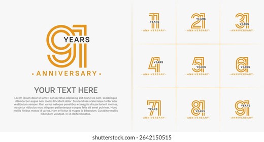 Anniversary logo style double line number set. orange and black color on white background for celebration event