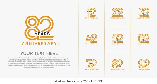 Anniversary logo style double line number set. orange and black color on white background for celebration event