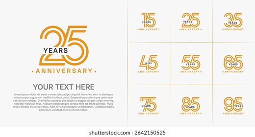 Anniversary logo style double line number set. orange and black color on white background for celebration event