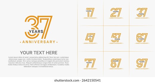 Anniversary logo style double line number set. orange and black color on white background for celebration event