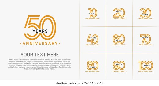 Anniversary logo style double line number set. orange and black color on white background for celebration event