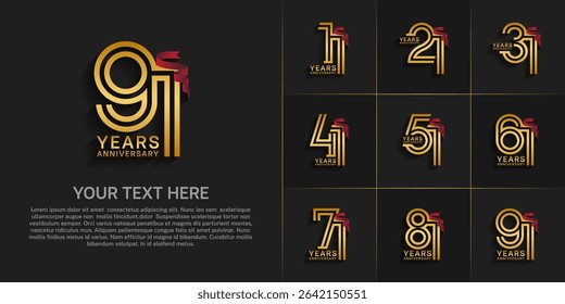 Anniversary logo style double line number set. gold color and red ribbon for celebration event