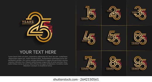 Anniversary logo style double line number set. gold color and red ribbon for celebration event