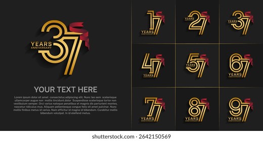 Anniversary logo style double line number set. gold color and red ribbon for celebration event