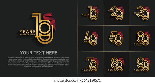 Anniversary logo style double line number set. gold color and red ribbon for celebration event