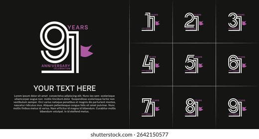 Anniversary logo style double line number set with ribbon. white color on black background for celebration event