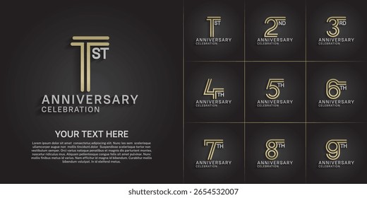 Estilo do logotipo do aniversário duplo conjunto de números de linha. cor dourada e prateada no fundo preto para evento de celebração
