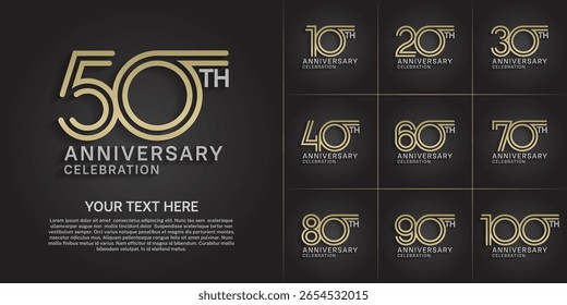 Conjunto de números de línea doble de estilo de logotipo de aniversario. color dorado y plateado sobre fondo negro para evento de celebración