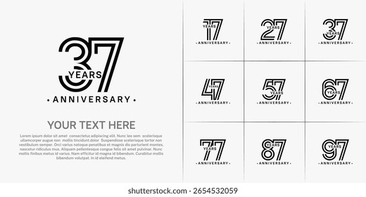 Anniversary logo style double line number set. black color on white background for celebration event