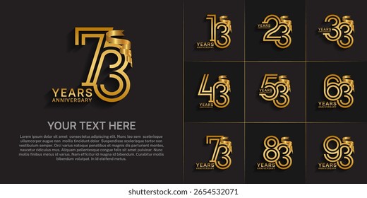 Anniversary logo style double line number set. gold color and golden ribbon for celebration event
