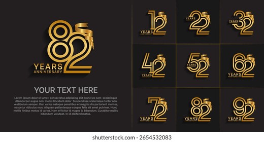 Conjunto de números de línea doble de estilo de logotipo de aniversario. color dorado y cinta dorada para evento de celebración