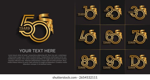 Anniversary logo style double line number set. gold color and golden ribbon for celebration event