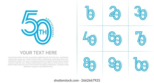 Anniversary logo style double line number set. blue color on white background for celebration event