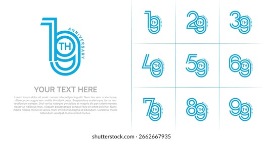 Anniversary logo style double line number set. blue color on white background for celebration event