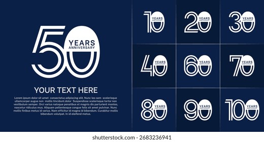 Conjunto de números de línea doble de estilo de logotipo de aniversario. color blanco sobre fondo azul para evento de celebración