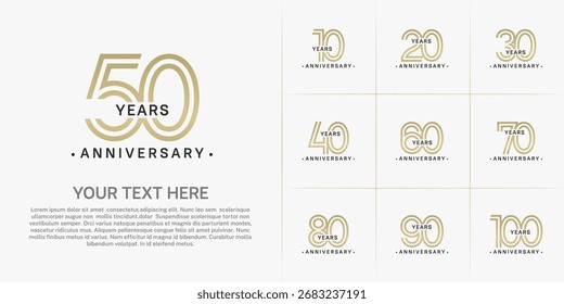 Conjunto de números de línea doble de estilo de logotipo de aniversario. color dorado y negro sobre fondo blanco para evento de celebración