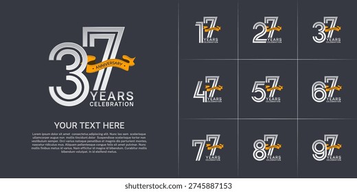 Anniversary logo style double line number set. white color with yellow ribbon for celebration event