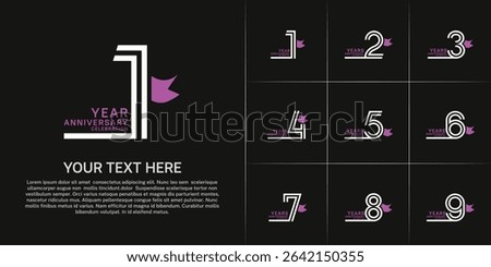 Anniversary logo style double line number set with ribbon. white color on black background for celebration event
