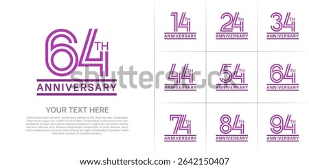 Anniversary logo style double line number set. purple color on white background for celebration event