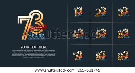 Anniversary logo style double line number set. golden color with red ribbon for celebration event