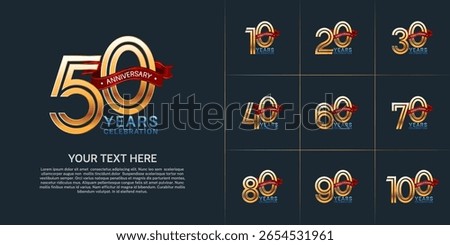 Anniversary logo style double line number set. golden color with red ribbon for celebration event