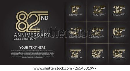 Anniversary logo style double line number set. gold and silver color on black background for celebration event