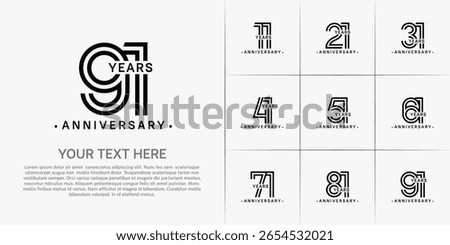 Anniversary logo style double line number set. black color on white background for celebration event