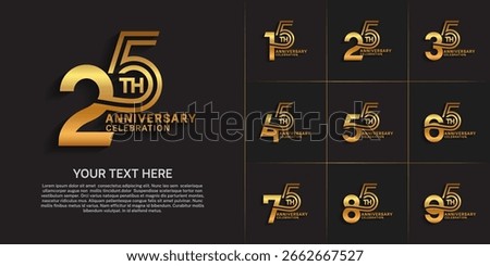 Anniversary logo style double line number set. gold color on brown background for celebration event
