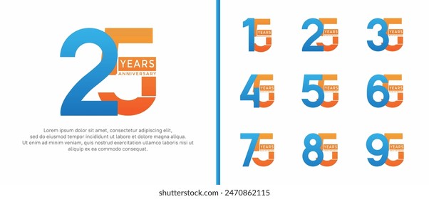 anniversary logo style set with blue and orange color can be use for celebration moment