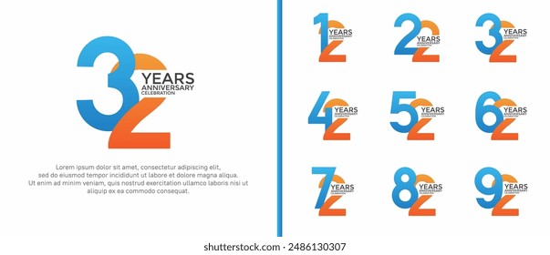 anniversary logo style set with blue and orange color can be use for celebration moment