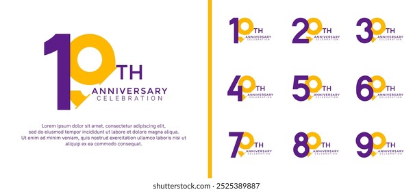 anniversary logo style set with purple and yellow color can be use for celebration moment