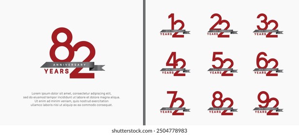 Conjunto de estilo de logotipo de aniversario. Diseño de Vector color rojo y cinta negra para el momento de celebración