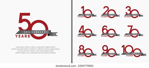 anniversary logo style set. vector design red color and black ribbon for celebration moment