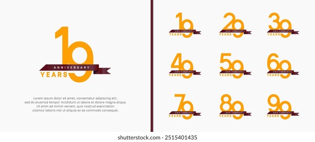 anniversary logo style set. vector design orange color with ribbon for celebration moment