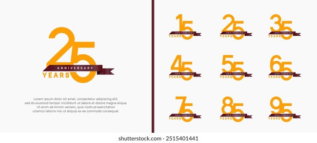 anniversary logo style set. vector design orange color with ribbon for celebration moment