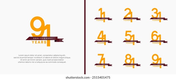 Conjunto de estilo de logotipo de aniversario. Diseño de Vector color naranja con cinta para el momento de celebración
