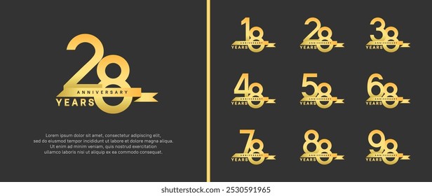 Conjunto de estilo de logotipo de aniversario. Color dorado de diseño de Vector con cinta para el momento de celebración