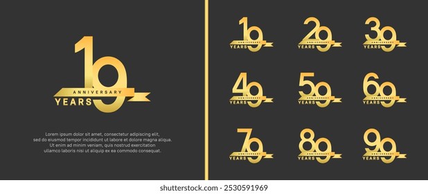 anniversary logo style set. vector design golden color with ribbon for celebration moment