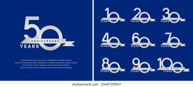 anniversary logo style set. vector design silver color with ribbon for celebration moment