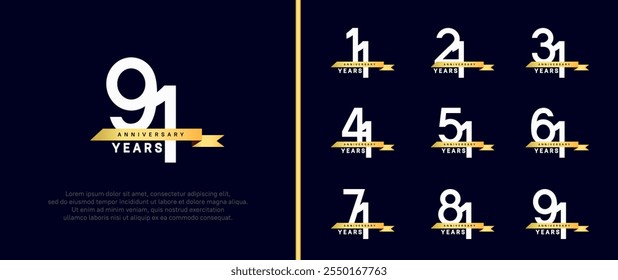 anniversary logo style set. vector design white color with golden ribbon for celebration moment