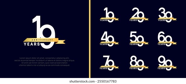 anniversary logo style set. vector design white color with golden ribbon for celebration moment