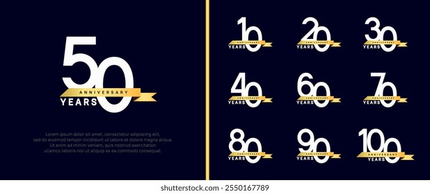 Jubiläums-Logo-Stil. Vektordesign weiße Farbe mit goldenem Band für Feierlichkeiten Moment