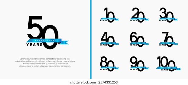 anniversary logo style set. vector design black color with blue ribbon for celebration moment