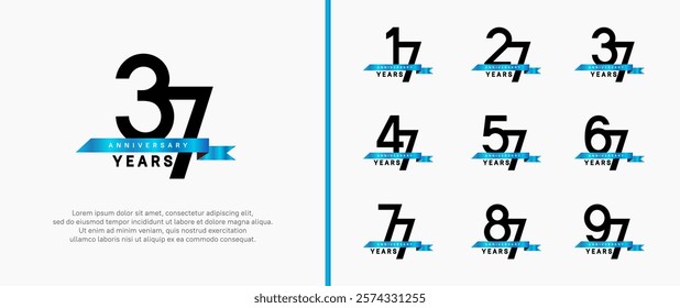 anniversary logo style set. vector design black color with blue ribbon for celebration moment