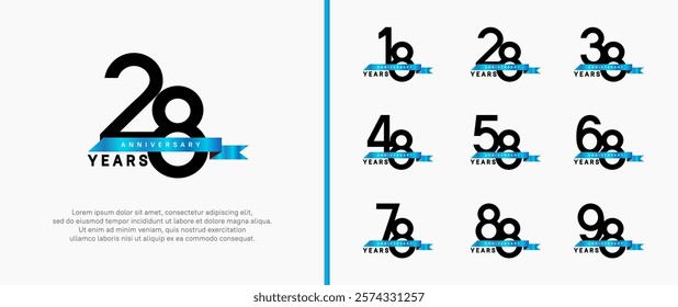 anniversary logo style set. vector design black color with blue ribbon for celebration moment