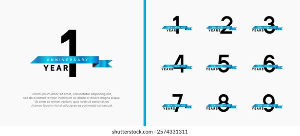 anniversary logo style set. vector design black color with blue ribbon for celebration moment