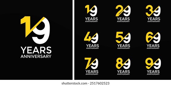 anniversary logo style set with yellow, white color and slash can be use for celebration moment