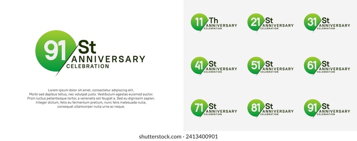 anniversary logo style vector sets. green circle and white number for celebration